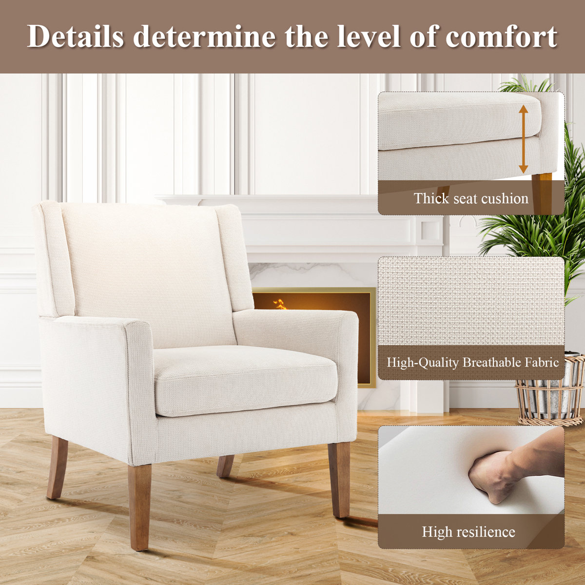 Leston Wide Upholstered Fabric Accent Armchair with Solid Wood Leg